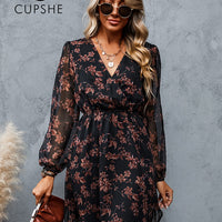 Women Chiffon V-neck Long Sleeve Mini Dress and Floral Designed Summer Beachwear