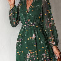 Women Chiffon V-neck Long Sleeve Mini Dress and Floral Designed Summer Beachwear