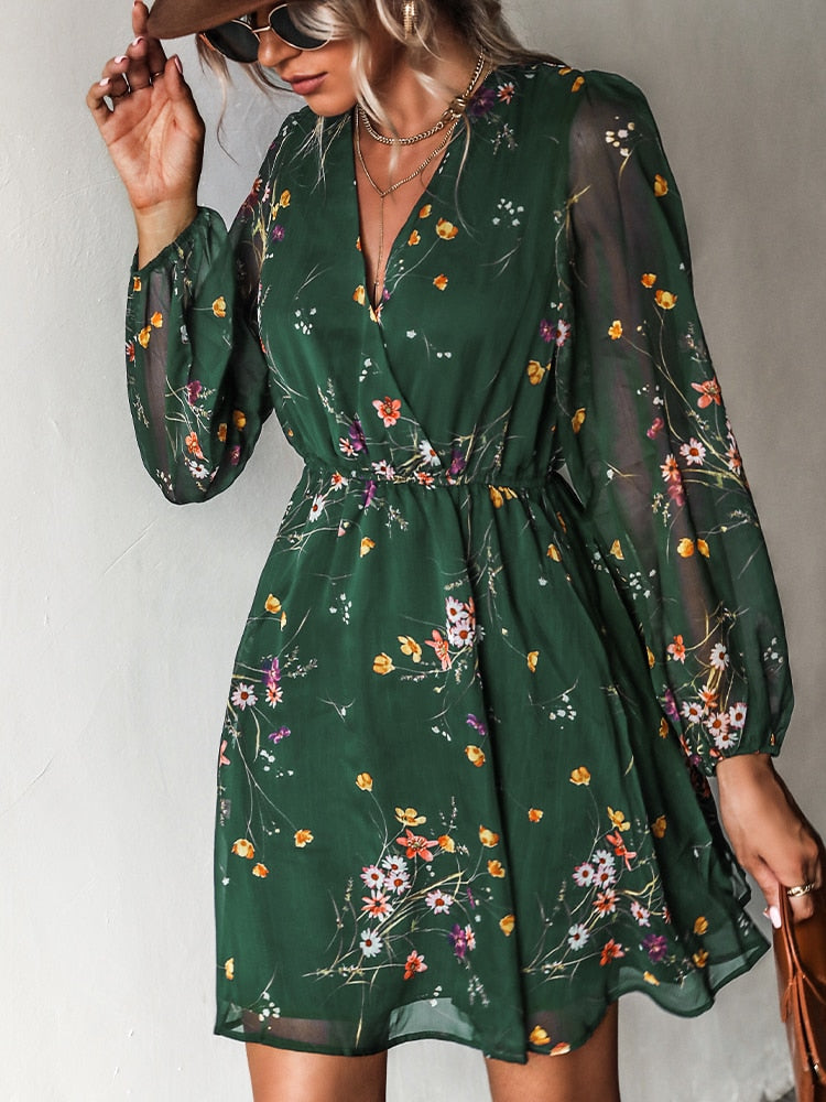 Women Chiffon V-neck Long Sleeve Mini Dress and Floral Designed Summer Beachwear