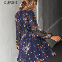 Women Chiffon V-neck Long Sleeve Mini Dress and Floral Designed Summer Beachwear