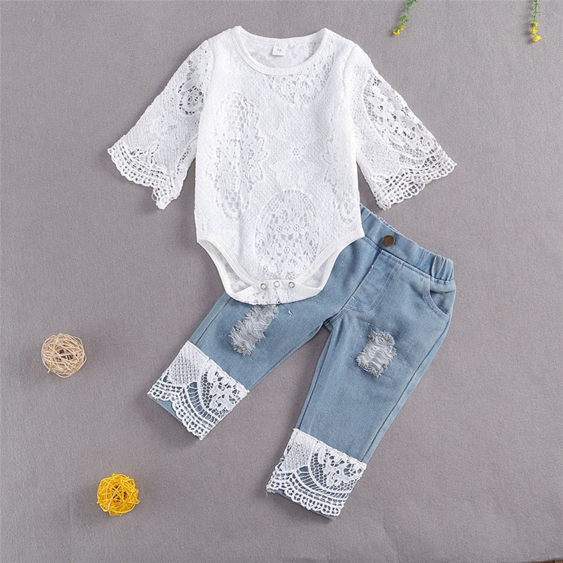 New 0-24 Months Baby Girls Fall Long Sleeve Lace Romper Suit and Long Jeans as 2Pcs Outfit