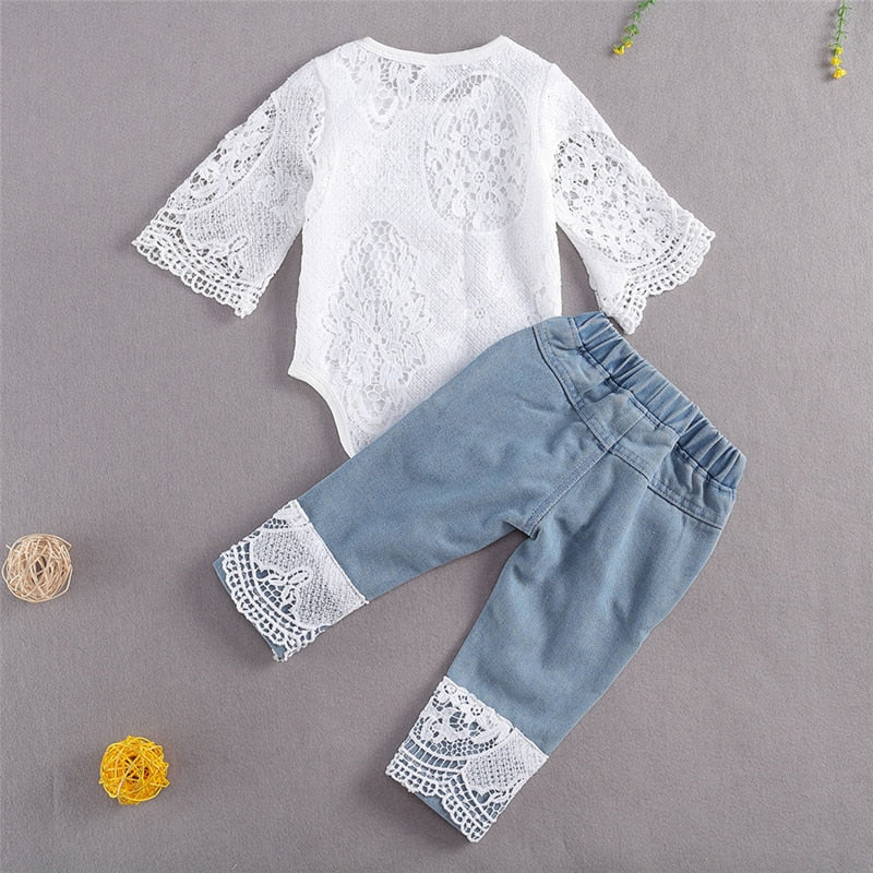 New 0-24 Months Baby Girls Fall Long Sleeve Lace Romper Suit and Long Jeans as 2Pcs Outfit