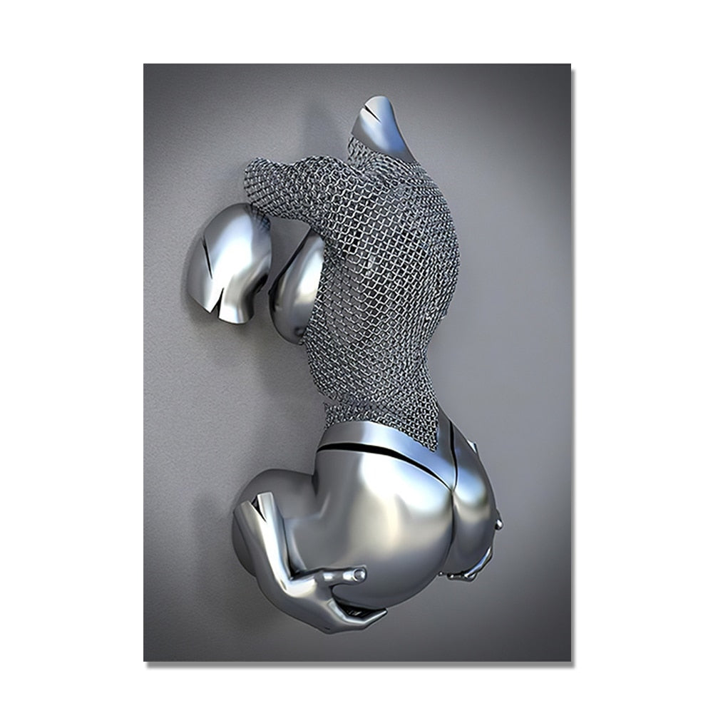 3D Love Heart Grey Art Painting on Canvas With Metal Figure Statue Art Prints