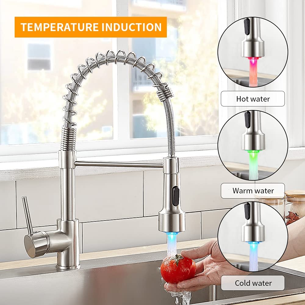 Kitchen Brush Brass Faucets For Kitchen Sink With Single Lever Pull Out Spring Spout