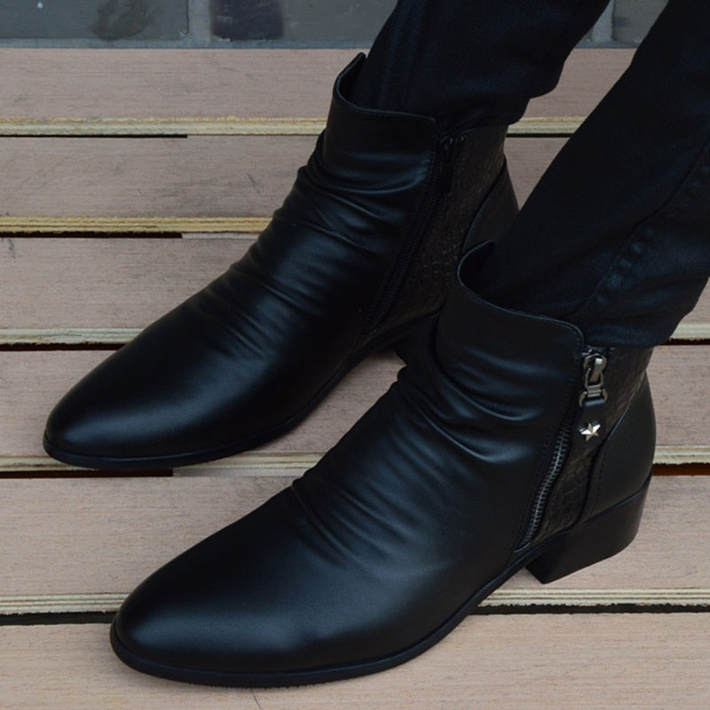 Fashion Ankle Boots Men High Top Leather Zip Suit Black Dress Boots