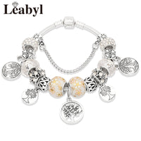 Silver Color Tree of Life Fashion Bead Bracelets, Green Leaf Floral Crystal Charm Bracelet, and Bangle Pulsera Jewelry