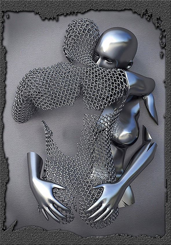 3D Love Heart Grey Art Painting on Canvas With Metal Figure Statue Art Prints