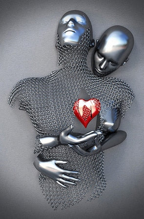 3D Love Heart Grey Art Painting on Canvas With Metal Figure Statue Art Prints