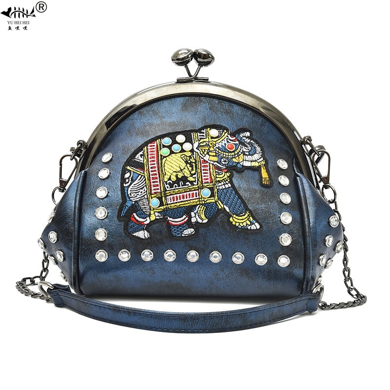 Embroidery Elephant Bag Lock Shell Leather Chain Women Shoulder Crossbody Bag