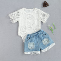 New 0-24 Months Baby Girls Fall Long Sleeve Lace Romper Suit and Long Jeans as 2Pcs Outfit