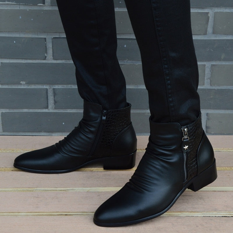 Fashion Ankle Boots Men High Top Leather Zip Suit Black Dress Boots