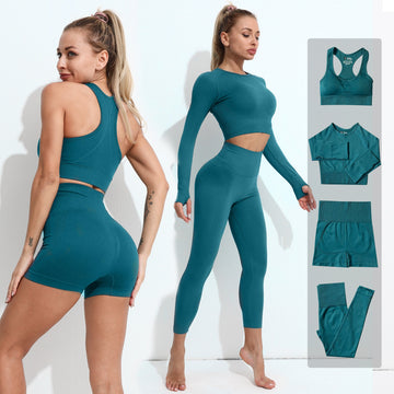 2/3/4PCS Seamless Women Yoga Workout Sportswear Gym Clothes Fitness Set With Long Sleeve Crop Top And High Waist Leggings As Sports Suit