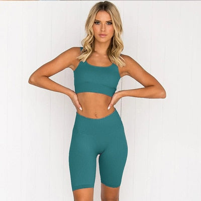 Seamless Yoga Workout Clothes Set For Women With Ribbed 2 Piece Sport Set And Women Sports Bras Plus Yoga Shorts