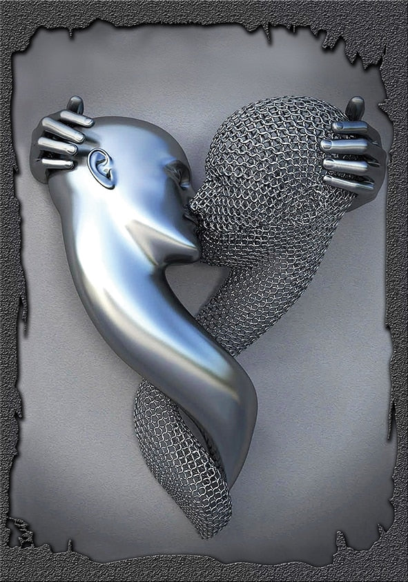 3D Love Heart Grey Art Painting on Canvas With Metal Figure Statue Art Prints