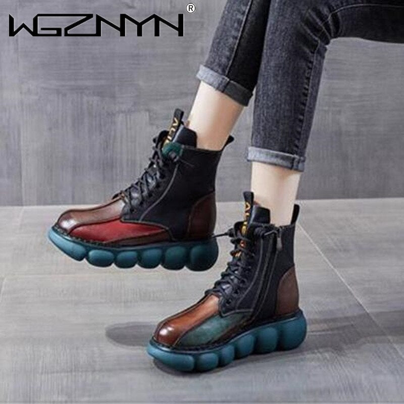 Women's Motorcycle Soft Leather Retro Style Black Botas Wedges Boots