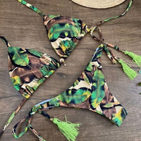 Women Sexy Floral Print Bandage Bikini Set with High Waist and Brazilian Thong Beachwear