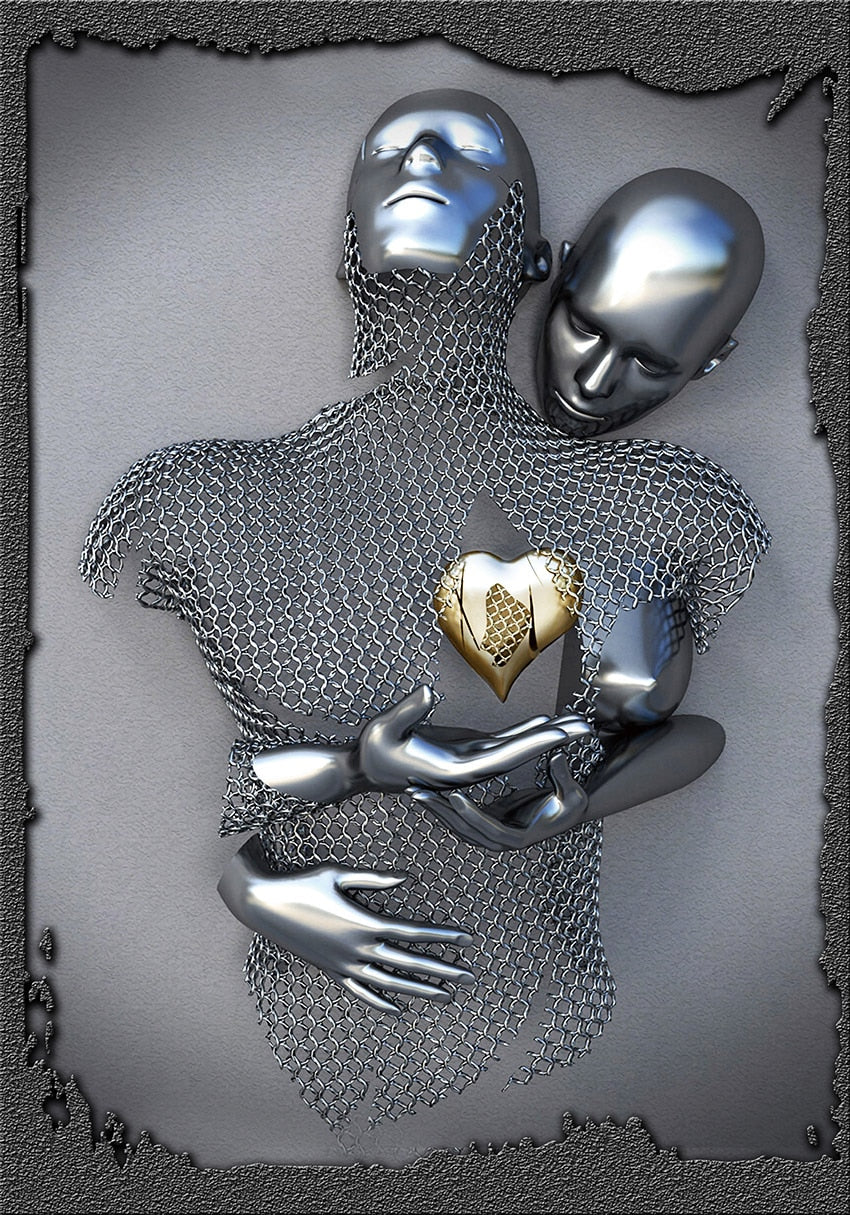 3D Love Heart Grey Art Painting on Canvas With Metal Figure Statue Art Prints