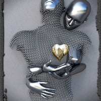 3D Love Heart Grey Art Painting on Canvas With Metal Figure Statue Art Prints