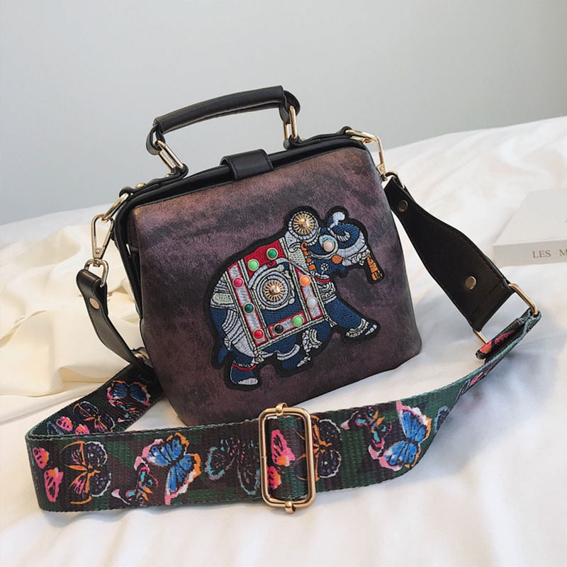 Vintage Embroidery Elephant Women Bag With Wide Butterfly Shoulder Strap