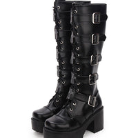 Cross Embroider Belt Buckle Stage Knee High Black Leather Platform Woman Punk Boots