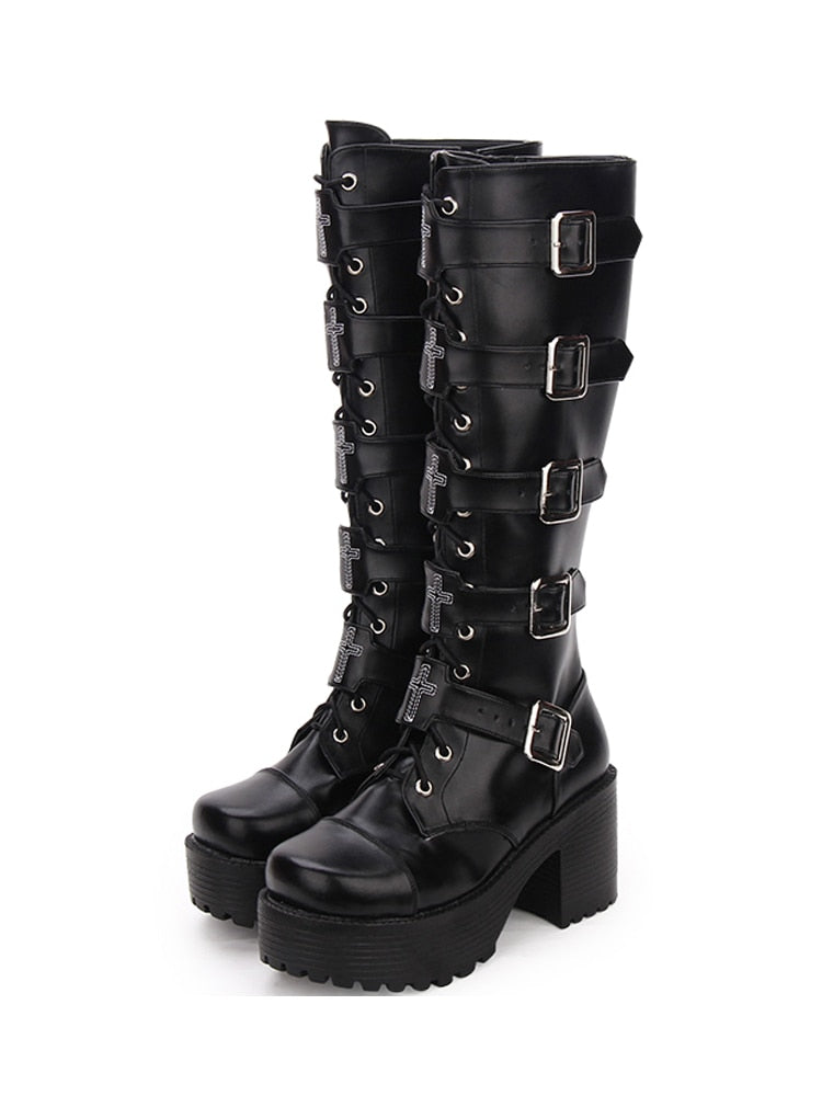 Cross Embroider Belt Buckle Stage Knee High Black Leather Platform Woman Punk Boots