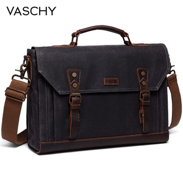 VASCHY Canvas Messenger Vintage Leather Briefcase For Working Professionals