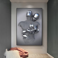 3D Love Heart Grey Art Painting on Canvas With Metal Figure Statue Art Prints