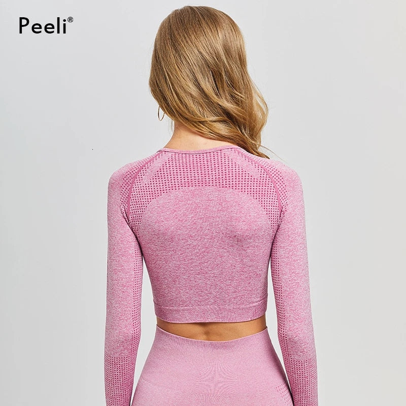 Peeli Long Sleeve Gym Crop Top Sports Yoga Women Seamless Fitness T-Shirts For Athletic Workout