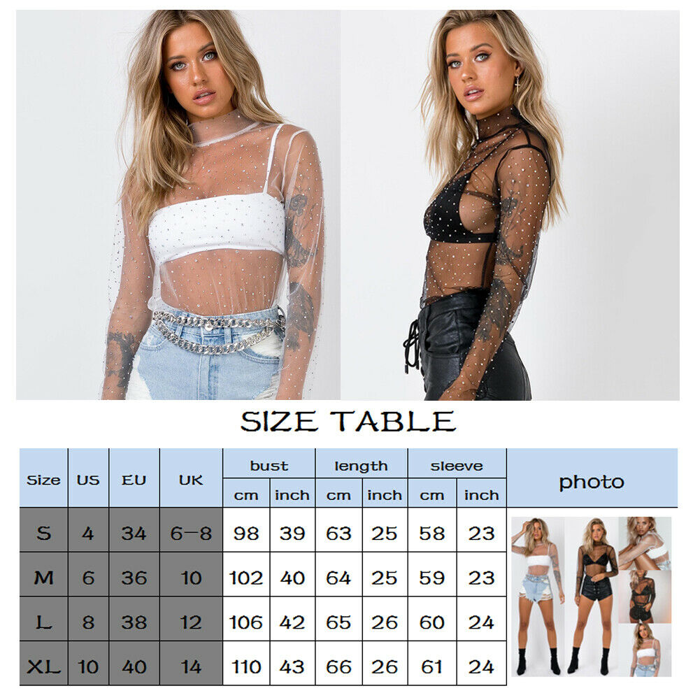 Sexy Women's See-through Crystal Rhinestone Turtleneck Sequins Glitter Long Sleeve Lace Mesh Blouse