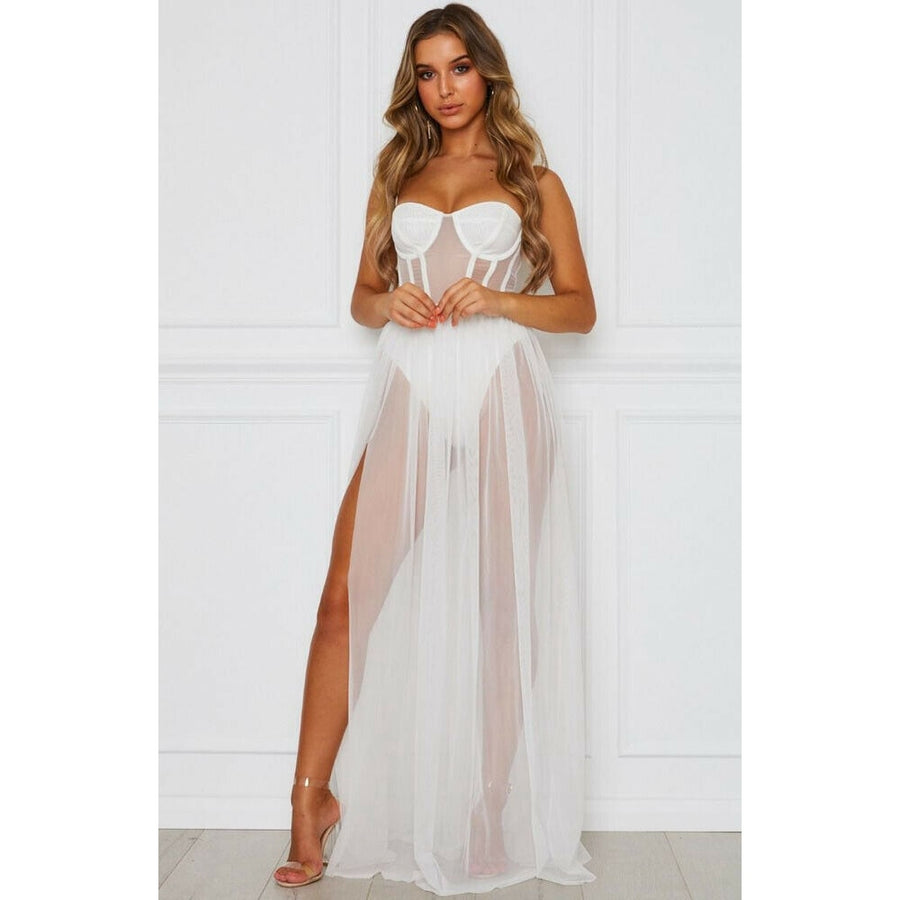 Sexy Women Boho Retro See-through Bodycon Spaghetti Strap Long Dress With Elastic High Waist Beach Bodysuit Style