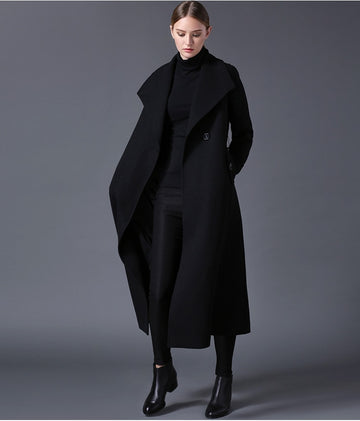 Winter Women's Wool Long Coat Lapel Black