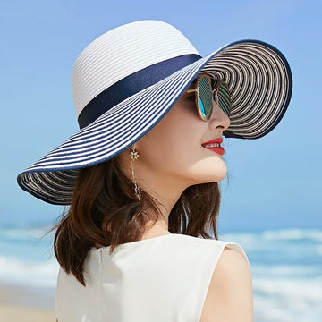 Beautiful Hepburn Fashion Black White Striped Bowknot Large Summer Sun Straw Hat