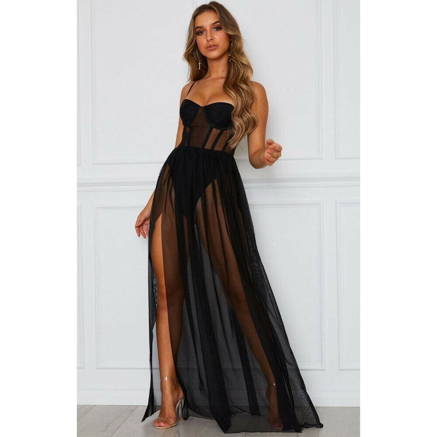 Sexy Women Boho Retro See-through Bodycon Spaghetti Strap Long Dress With Elastic High Waist Beach Bodysuit Style