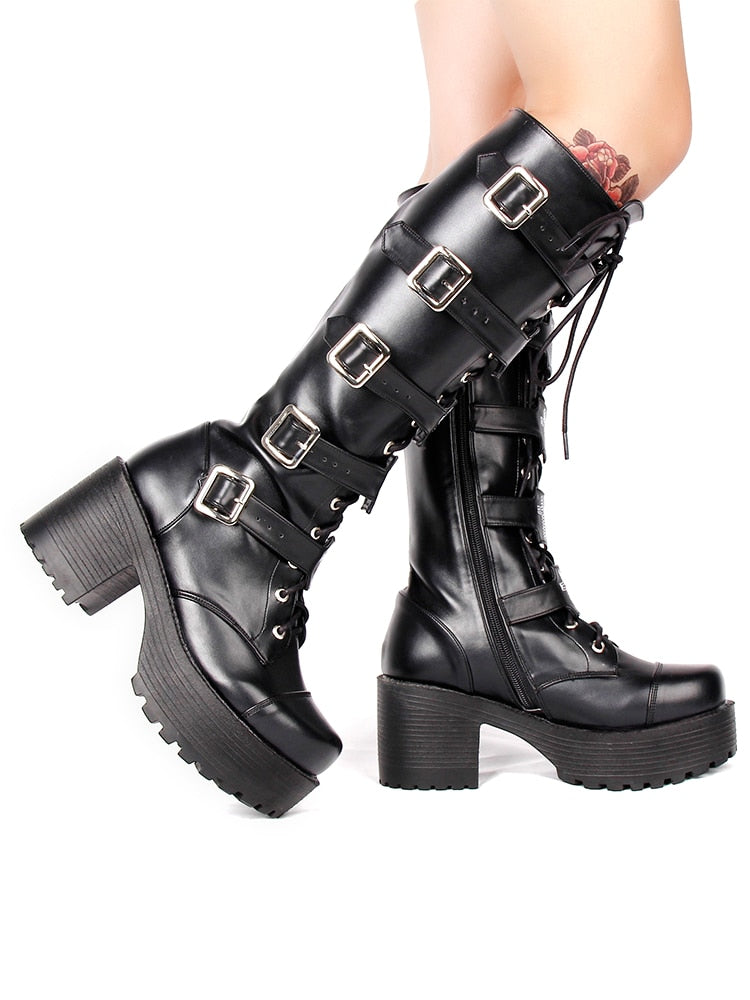 Cross Embroider Belt Buckle Stage Knee High Black Leather Platform Woman Punk Boots