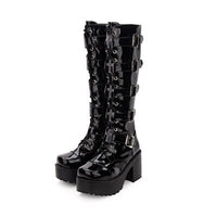 Cross Embroider Belt Buckle Stage Knee High Black Leather Platform Woman Punk Boots