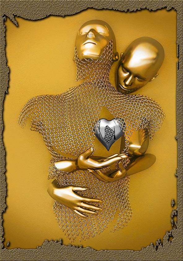 3D Love Heart Grey Art Painting on Canvas With Metal Figure Statue Art Prints