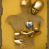 3D Love Heart Grey Art Painting on Canvas With Metal Figure Statue Art Prints