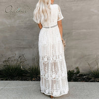 Ordifree Summer Boho Women Maxi Dress With Loose Embroidery White Lace Long Tunic Beach Dress