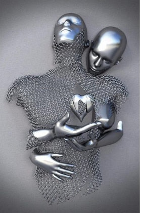 3D Love Heart Grey Art Painting on Canvas With Metal Figure Statue Art Prints