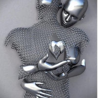 3D Love Heart Grey Art Painting on Canvas With Metal Figure Statue Art Prints