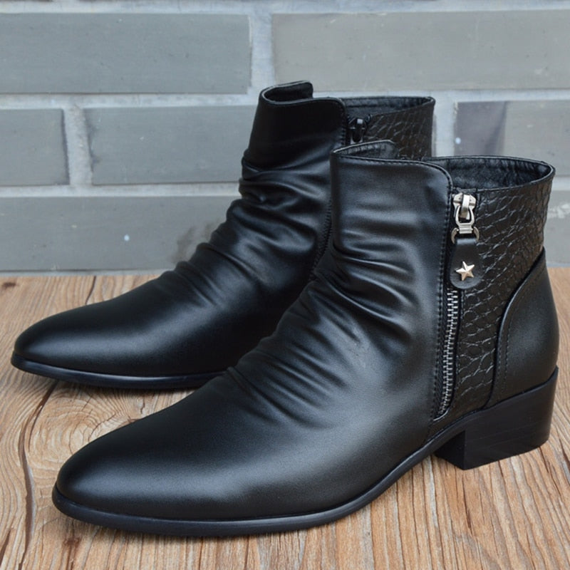 Fashion Ankle Boots Men High Top Leather Zip Suit Black Dress Boots