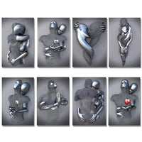 3D Love Heart Grey Art Painting on Canvas With Metal Figure Statue Art Prints