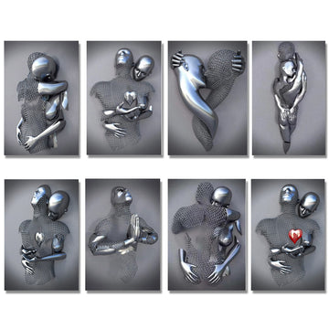 3D Love Heart Grey Art Painting on Canvas With Metal Figure Statue Art Prints