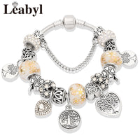 Silver Color Tree of Life Fashion Bead Bracelets, Green Leaf Floral Crystal Charm Bracelet, and Bangle Pulsera Jewelry