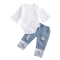 New 0-24 Months Baby Girls Fall Long Sleeve Lace Romper Suit and Long Jeans as 2Pcs Outfit