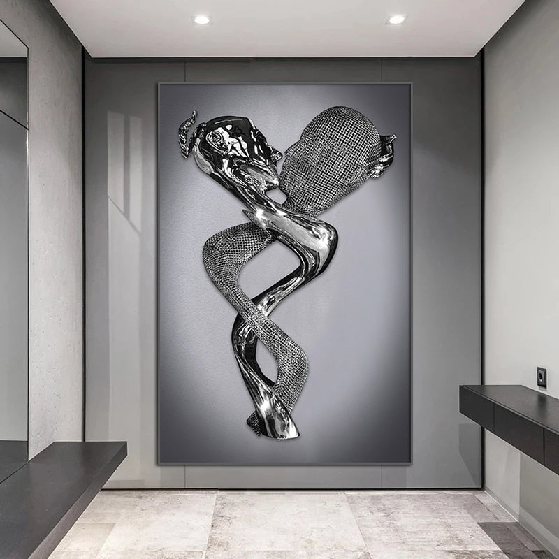 3D Love Heart Grey Art Painting on Canvas With Metal Figure Statue Art Prints