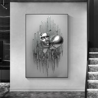 3D Love Heart Grey Art Painting on Canvas With Metal Figure Statue Art Prints