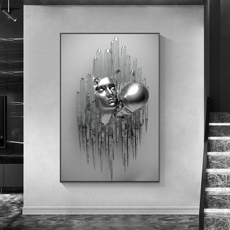 3D Love Heart Grey Art Painting on Canvas With Metal Figure Statue Art Prints