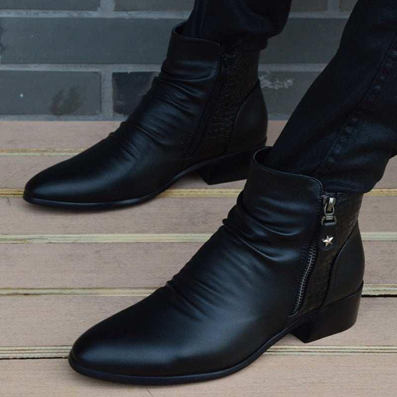 Fashion Ankle Boots Men High Top Leather Zip Suit Black Dress Boots