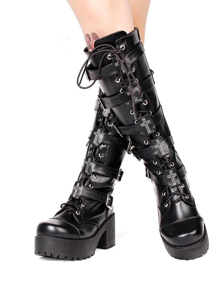 Cross Embroider Belt Buckle Stage Knee High Black Leather Platform Woman Punk Boots